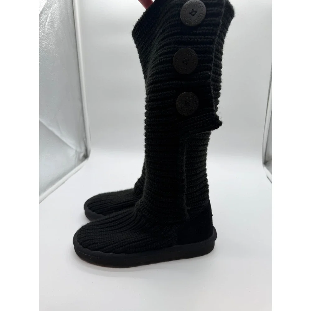 UGG Lattice Cardy Black Knit Three Button Tall Boots Womens 6